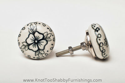 2 Ceramic White with Painted Black Flower knobs