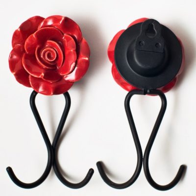 2 Ceramic Rose Hooks color red