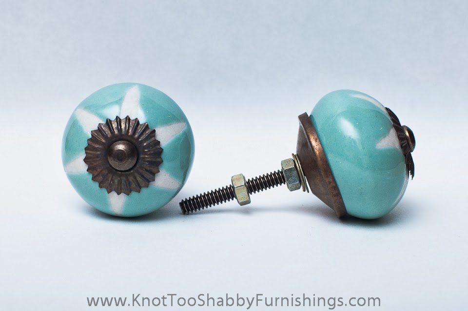 Turquoise Etched Ceramic in the shape of a 6 pointed star Knob