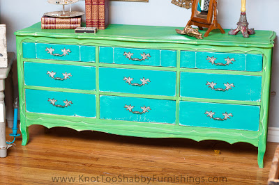 Green dresser with blue drawers
