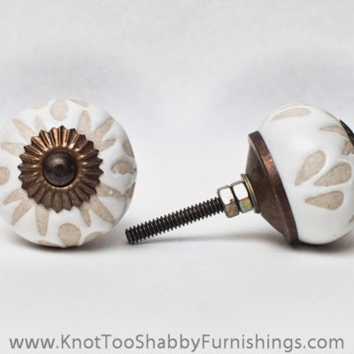 2 White Etched Ceramic Knobs