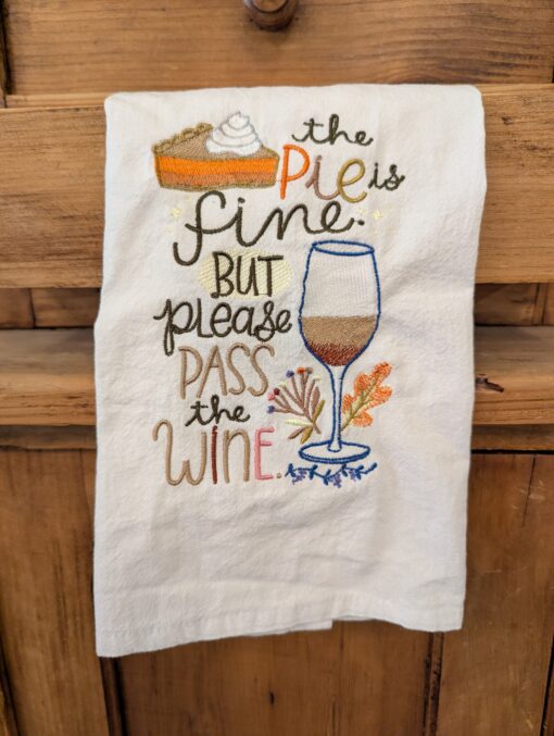 Embroidered Tea Towel-Wine and Pie
