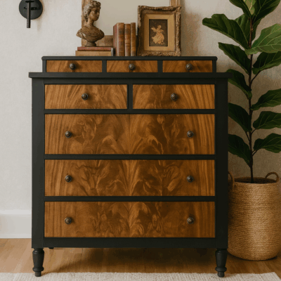 Burled Walnut and Athenian Black Antique Dresser