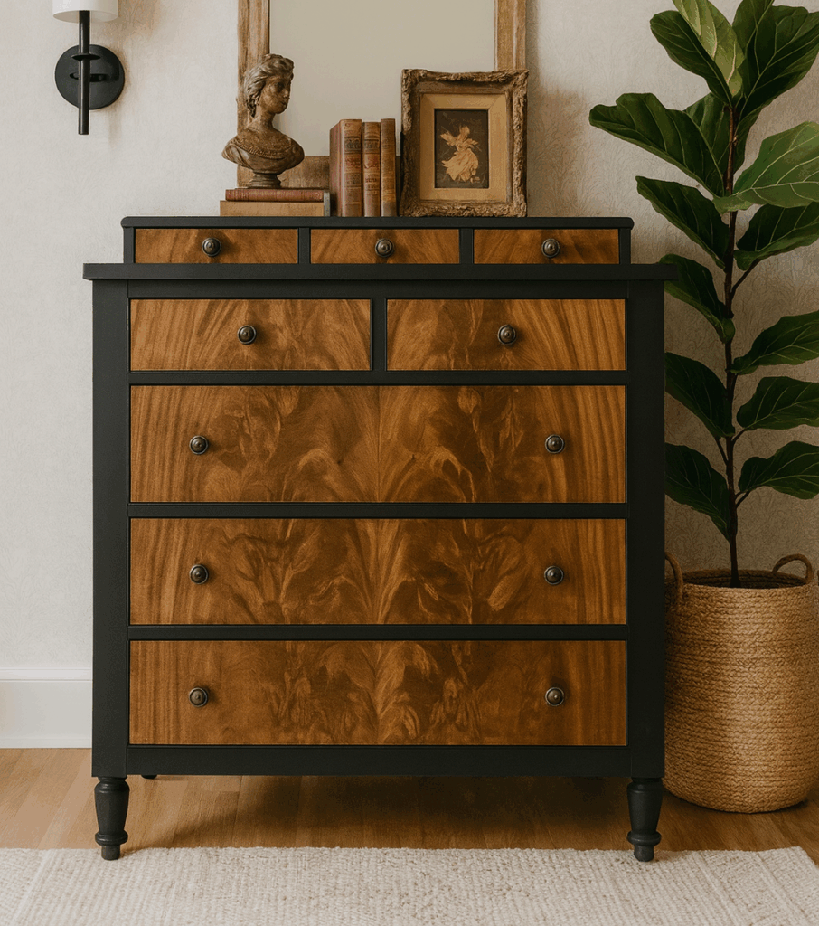 Burled Walnut and Athenian Black Antique Dresser