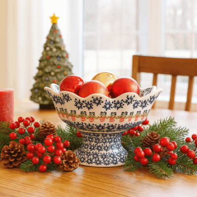 Scalloped Christmas Pedestal Bowl made in Poland