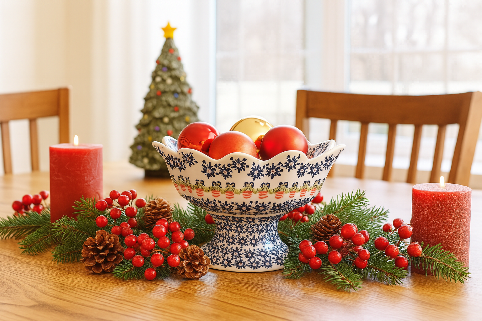 Scalloped Christmas Pedestal Bowl made in Poland