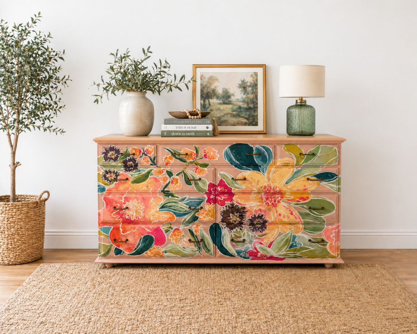 Hand-Painted Floral Dresser in Annie Sloan Jaipur Pink | One-of-a-Kind Statement Piece