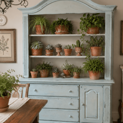 French Country Style Painted Hutch with Open Shelving - Two Pieces - Light Teal and  Off-White