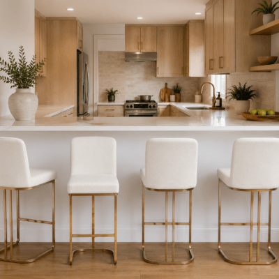Set of 4 Faux Leather White Barstools with Gold Base