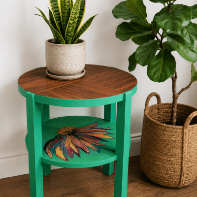 Round Side Table - Antibes Green with Custom, Hand Painted Flower